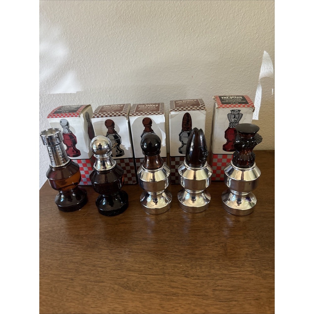 5 NIB Vtg Avon Chess Pieces The Pawn II Spicy (2), Queen, Bishop II, The Pawn